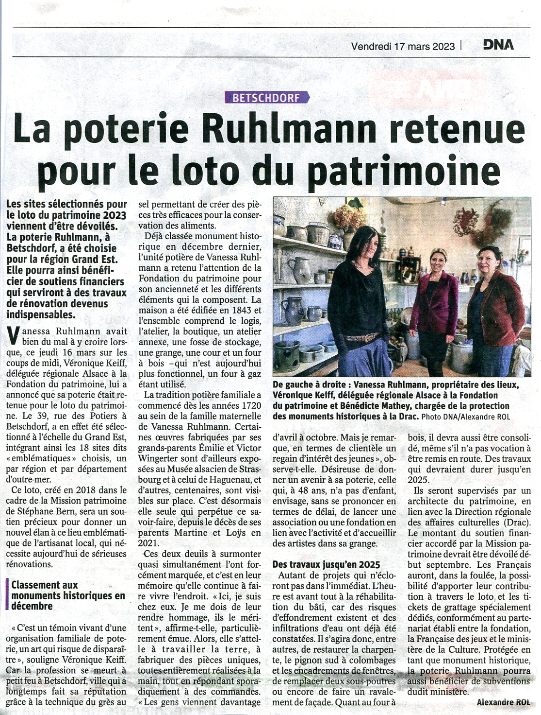 L'Atelier de poterie Ruhlmann aidé en 2023